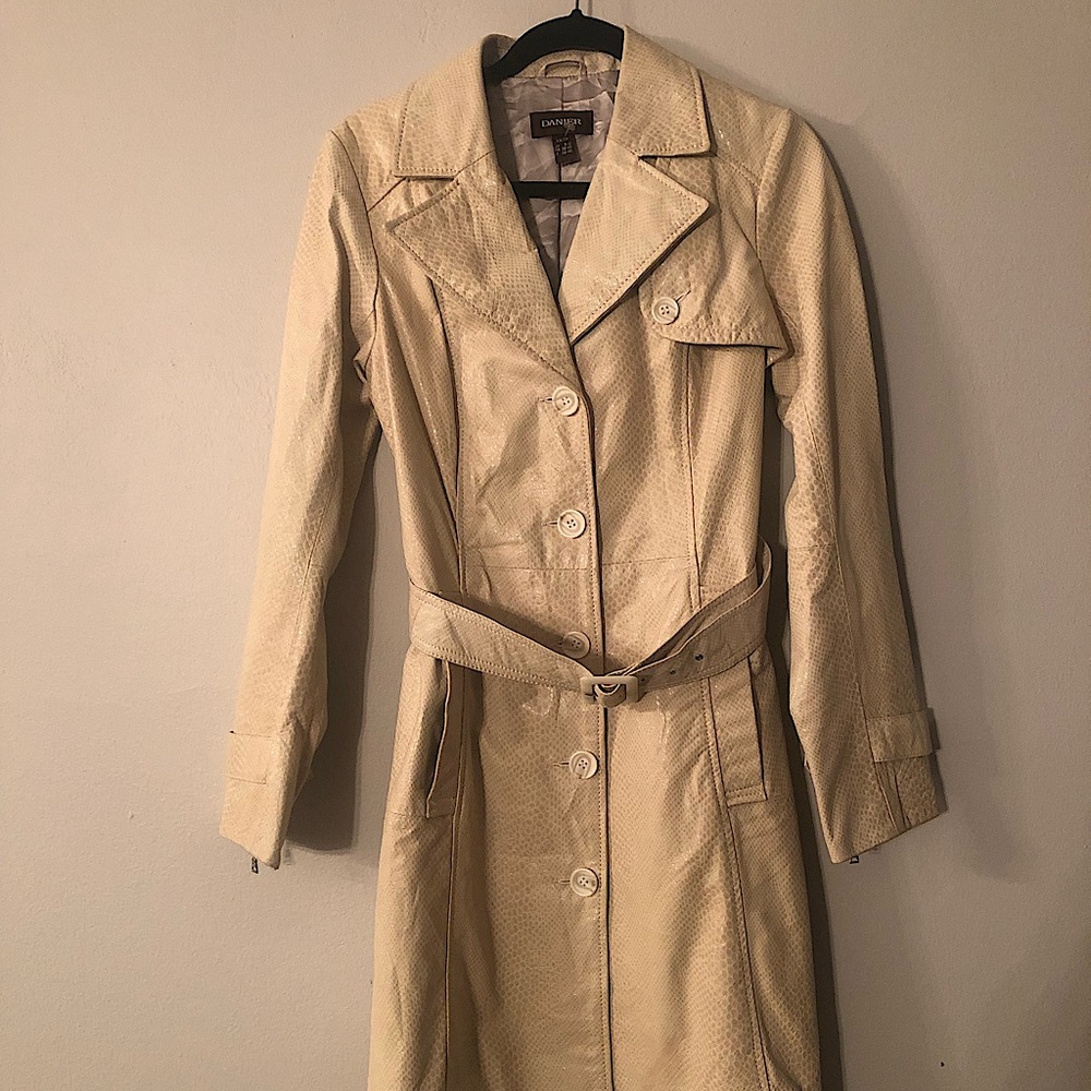 Danier: Long Leather Snake Skin
Textured Soft Trench Coat Style Jacket in Cream